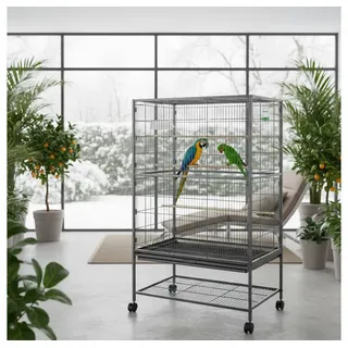 Feel2Home Voliere Vogelvoliere Vogelkäfig Vogelhaus Grau XXL Käfig Zuchtkäfig Tierkäfig, mit Sitzstangen, Futternapf, Vogeltränke und Schmutzwanneneinsatz grau