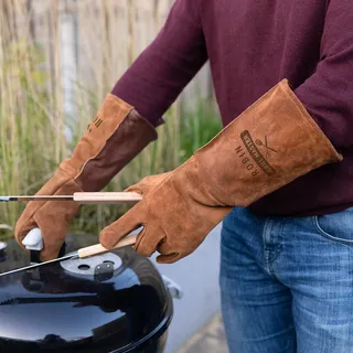 Personalisierbare Grillhandschuhe aus Leder mit Gravur, perfekt als individuelles Geschenk - Hitzebeständiges Büffelleder für Beste Qualität (Braun)