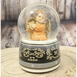 Schneekugel Weihnachten Engel terrakotta mit Harfe Gold | Sockel mit Ornamenten schwarz grau | mit Spieluhr Beethoven | Höhe: 140mm Breite: 100mm | 20034
