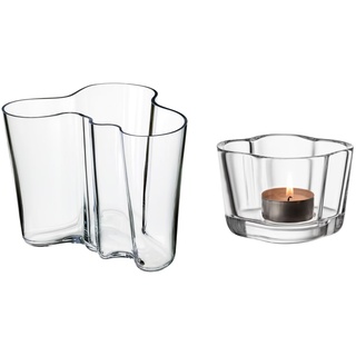 Iittala Set bestehend aus einem Windlicht 60mm klar + Einer Vase 160mm klar, aus Glas hergestellt, Set 1007041+1051192