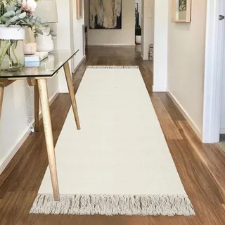 BUAGETUP Farmhouse Läufer für Flur, 7,6 x 2,4 m, weiß/beige, Baumwolle, gewebt, waschbar, für Boho-Küche, Waschküche, Schlafzimmer, Wohnzimmer, Badezimmer