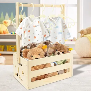 BAODBF Korb für Geschenke Holz,Holzkiste für Babyparty mit 5 Kleiderbügel,Babykorb mit Griff,Holz Baby Geschenk Korb für Babypartykisten aus Wäschekorb Kinder Baby Shower Geschenk(Stil 1)