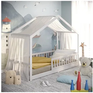 CADANI Kinderbett Malte Hausbett Bodenbett Rausfallschutz abnehmbar bis 200 kg belastbar (90x200 cm, Montessori Kinder- & Jugendbett aus Kiefer Massivholz), inkl. stabilem Roll-Lattenrost, langfristig nutzbar, Weiss weiß 94.5 cm x 209 cm x 156.5 cm