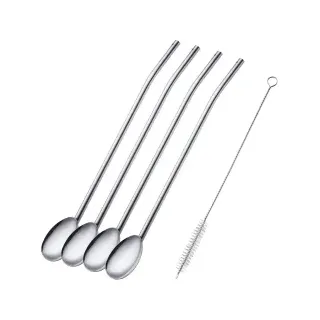Westmark Trinkhalmlöffel, 4 Löffel + 1 Reinigungsbürstchen, Wiederverwendbar, Rostfreier Edelstahl, Silber, 62712260