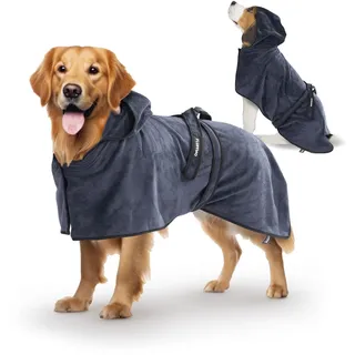 FLUFFINO Hundebademantel Dunkelblau Gr. M | Soft, saugstark, waschbar, schnell trocknend | Tierhandtuch + Klettverschluss | Badetuch für mittelgroße Hunde | Haustierzubehör