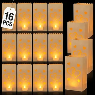 16 Stück Weiß Lichtertüten,Doppelte Liebe Papier Lichttüten,15 x 9 x 26cm Weiße Lichttüten,Wiederverwendbar für Taufe Kommunion Valentinstag Hochzeit Tischdeko (Ohne Teelichter)