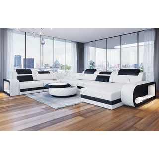 Sofa Dreams Wohnlandschaft Ledersofa Berlin XXL U Form Mini, Deignersofa, mit LED Licht und USB schwarz|weiß