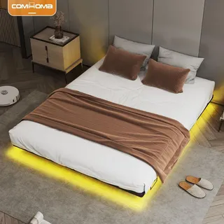 COMHOMA Bettrahmen Metallbett Gästebett Bettgestell aus Metall, mit LED & Steckdosen, Jugendbett 140x200, App & Fernbedienung, stabile Konstruktion - Schwarz
