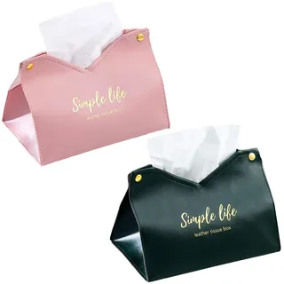2 Stücke Leder Kosmetiktücherbox, Taschentuchbox aus Leder, Tissue Box, Taschentuchbox, V Port Design, Verwendet in Wohnzimmer, Schlafzimmer, Büro, Bad, Auto (Pink, Grün)