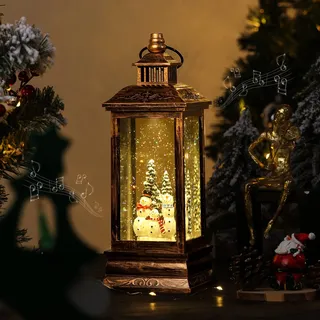 Lewondr Schneekugel Weihnachten mit Spieluhr, Elektrische Schneekugel Weihnachten mit Musik & Licht & Timer Weihnachts Laterne Schneemann Weihnachtslicht Batteriebetrieb/USB Beleuchtung, Schwarz Gold