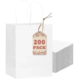 Gcardist 200 Stück Weiß Geschenk Taschen mit Griffen Bulk8.3"x 6"x 3.15" Zoll kleine Größe Kraftpapier Taschen mehrere Verwendungen (21x15x8cm, kleine Größe)