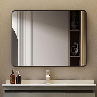 Goezes Schwarz Wandspiegel 60x80 cm Rechteckiger Spiegel, 80x60 cm dekorativer HD Spiegel mit Schwarz Metall Rahmen, ideal für Badezimmer, Schlafzimmer, Wohnzimmer, Eingang Wanddekoration