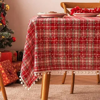 Tischdecke Weihnachten, Rot Kariert Weihnachtstischdecke mit Schneeflocke und Schneeball, Weihnachtsdeko Tischdecke Rechteckig, Weihnachtstischdecken für Tischdeko Weihnachten Deko (D, 100x135 cm)
