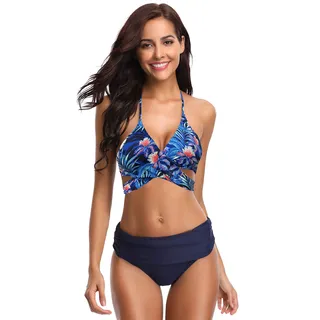 SHEKINI Damen Bikini Set Neckholder Push Up Oberteil Große Brüste Mit High Waist Bikinihosen Bottom Sport Zweiteiliger Geteilter Badeanzug - S