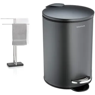 blomus -MENOTO- Handtuchständer (86x50x16 cm, Silber, 68624) & TUBO- Treteimer aus pulverbeschichtetem Stahl, Anthrazit, 3L, Smart-Close-System, entnehmbarer Eimer (24,5x17x17cm, Anthrazit, 68888)