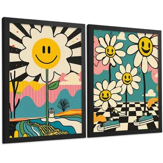POSTER 4er Kunstdruck-Set Wandbilder Smiley Blume modern Wohnzimmer Deko, Schlafzimmer, Küche, Badezimmer Schwarzer Rahmen A3