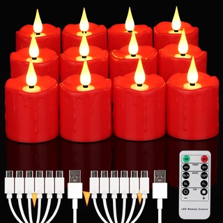FREEPOWER 12er Rote LED Kerzen Wiederaufladbar mit Fernbedienung Timer Flackern Dimmbar Elektrische Aufladbare Votice Teelichter mit USB Type-C Kabel, Warmweiß, Outdoor Wasserdicht, Ø5 x7.5cm