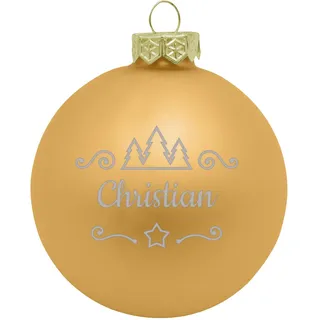 Deitert Weihnachtskugel mit Namen oder Wunschtext graviert, Ø 8cm, personalisierte Christbaumkugel aus Glas (matt), individueller Weihnachtsbaumschmuck mit Gravur, Tannen-Motiv, Gold