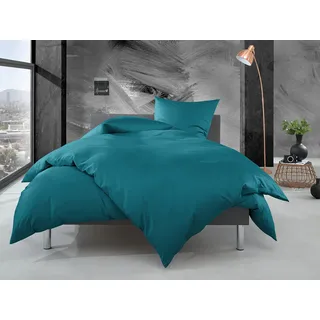 Bettwaesche-mit-Stil Mako Perkal Bettwäsche Uni einfarbig Petrol blau (Garnitur 155x220 + 80x80 cm)