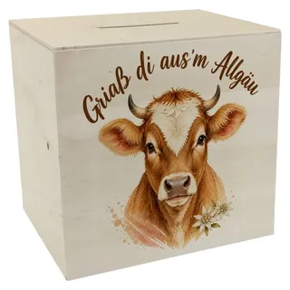 Spardose Holz Algäu Kuh - Sparbüchse im rustikalen Alpenlook Mit Spruch: Griaß
