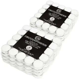 Deco Express Teelichter Multipack 200, 100, 50 oder 24 Stk - 10, 8 oder 4 Std Brenndauer – Bunte & Weiße Teelichter ohne Duft (Weiß, 200/4 Stunden)