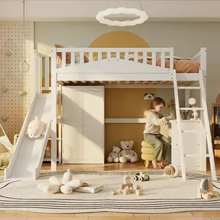 MODFU Kinderbett  90 x 200 mit Fallschutzgitter,Hochbett Jugendbett mit Tisch,Kleiderschrank,Rutsche,vierstufiger Leiter,ohne Matratze,Weiß - Weiß