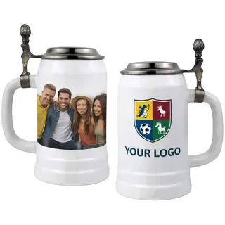 Bierkrug mit Deckel 0,5L – personalisierbar mit Ihrem Foto oder Logo – individuell gestaltbar – Geschenk Hochzeit Geburtstag Vatertag – Werbegeschenk Firmen und Vereine (Weiß, Flachdeckel)