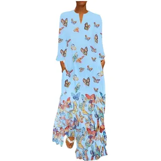 LOPILY Damen Kleider Schmetterling Druckkleid Hippie Lange Tunika Kleid Große Größen Bunte Abendkleider Elegant Cocktailkleid Sexy V-Ausschnitt Maxikleid für Hochzeitgast bis Gr.48 - 46
