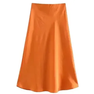 Hgvcfcv Damen Rock Satin Seide Mode A-Linie Röcke Büro Dame Solide Rot EN8 Hohe Taille Lange, Orange/Abendrot im Zickzackmuster (Sunset Chevron), Mittel - M