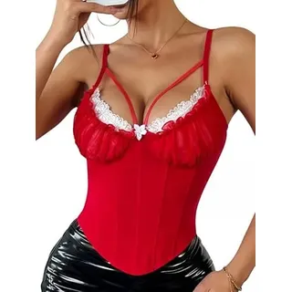 Sukiglam Corset Top Damen Punk Blumenspitze Corsage Sexy Bustier Spaghettiträger Korsett Oberteil mit Push Up Effekt Crop Tops Slim Fit Tanktops Rave Outfit Party Tshirt Camisole - L
