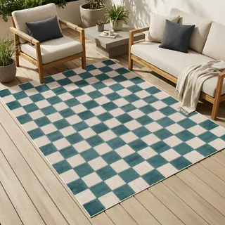 TAPISO Checker Outdoor Teppich Wetterfest - Balkon Garten Terrasse Camping - Waschbar UV-beständig Strapazierfähig Outdoorteppich Balkonteppich Indoor Flachgewebe - Teppich Creme Türkis 300 x 400 cm