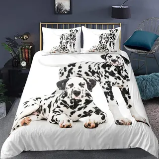 Loussiesd 3D Hund Druck Bettwäsche Set Dalmatiner Speck Schwarz Weiß Bettbezug Set für Kinder Jungen Mädchen 135x200 cm Microfaser Betten Set mit 1 Kissenbezug 80x80 cm