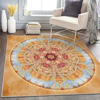 buyluhn Teppich Quadratisch 250x250 Waschbar in Waschmaschine Mandala Teppich Kurzflor Gelb Teppich Gegend rutschfest Dünn Saugfähig für Wohnzimmer Schlafzimmer Esszimmer