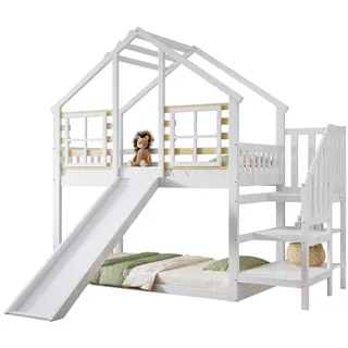 REDOM Etagenbett Hochbett Kinderbett (mit Treppe, sicherem Gitter & Rutsche – Abenteuer-Hochbett 90x200 cm, für Spielzimmer & Jugendzimmer), Ohne Matratze weiß