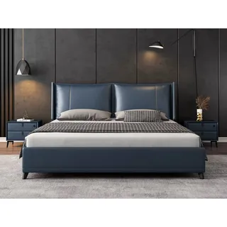 mukuhi Lederbett Polsterbett Echtleder 180x200 cm mit gepolstertem Doppelkopfteil blau