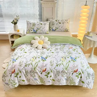 YASMENG Bettwäsche 200x200 Blumen Blätter Weiß Grün Bettbezug Set Weich Mikrofaser Bettwäsche Bunt Floral Vogel Aesthetic Wendebettwäsche Set 3 Teilig mit Reißverschluss und 2 Kissenbezüge 80x80 cm