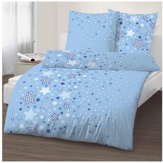 MTOnlinehandel Bettwäsche Sterne 135x200 + 80x80 cm, 100 % Baumwolle, Biber, 2 teilig, Kinderbettwäsche mit vielen Sternen und Sternchen in blau & himmelblau blau