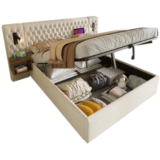 Bettanlage Schlafzimmer Komplett Set, Polsterbett Hydraulisch Stauraumbett 180×200 cm mit 2 Nachttischen, Beige, Samt
