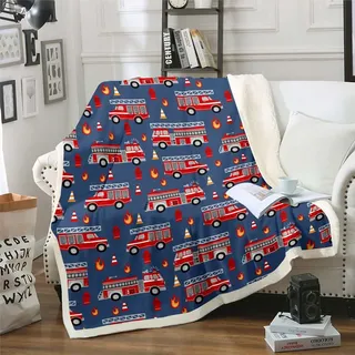 Homewish Feuerwehr Lastkraftwagen Decke Rote Feuerwehr Lastkraftwagen Wurf Decke für Bett, Marine Sherpa Decke Jungen Cartoon Auto Fleece Decke, Leichte Weiche Kuschelige Fuzzy Decke 75x100cm