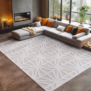 Carpetsale24 In- & Outdoor Teppich 280x370 cm – Wetterfest & XXL großer Teppich in Creme mit Rauten Design & 3D Hoch-Tief-Effekt – Für Terrasse, Balkon, Wohnzimmer & Schlafzimmer