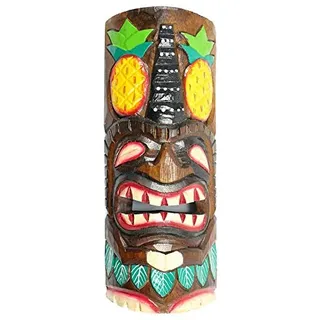 Maske Tiki H30 cm aus Holz, Motiv Ananas. Deko Wand Tiki Bar.