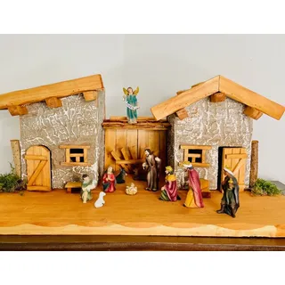 DARLUX Weihnachts-Holz Krippe + Figuren Dekoration Handgefertigt Holzschnitzerei