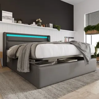 Flieks Polsterbett 140x200cm Stauraumbett mit LED, Doppelbett Boxspringbett mit Lattenrost und Stauraum, Funktionsbett Jugendbett, PU, Dunkelgrau - Dunkelgrau