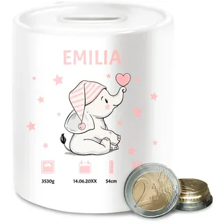 Spardose - Elefant Geburtsdaten mit Name Geschenk zur Geburt Geschenkidee I Geldgeschenk zur Geburt - Unisize - Weiß - personalisierte Geschenke Taufe Baby Babygeschenk personlisiert