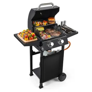 Gasgrill für draußen - 4-Brenner Plancha Grill - Propan - Edelstahl - Abnehmbarer Rollwagen - Mit Haube - Tragbarer Campinggrill 32.000 BTU