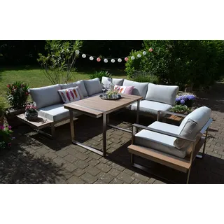 bomey Dining Ecklounge Atlanta in Braun I Lounge-Set bestehend aus einem Sessel und Ecksofa in braun, Tisch im Edelstahl/Teak Design & Polstern in Beige I Garten + Terrasse + Wintergarten