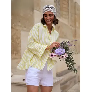SASSYCLASSY Langarmbluse Gestreifte Musselin Bluse für Damen Oversized Baumwollbluse mit Rüschensaum und 3/4 Ärmel Gelb gelb L/XL