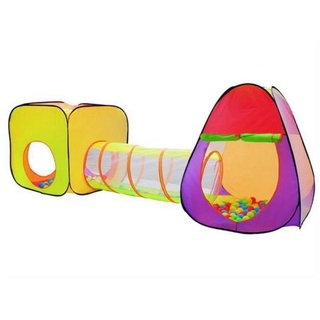 ISO TRADE Spielzelt Zelt für Kinder + Tunnel + 200 Bälle (Würfelzelt 3 Teile Pop Up, 205-tlg., 280x83x100cm + 200 Bälle) Kinder Spielzelt IGLO Tunnel rosa