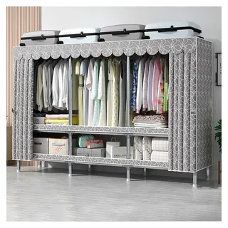 Robuster Stoffkleiderschrank mit 3 Regalen und 3 Stangen zum Aufhängen von Kleidung, Kleiderständer aus Metall mit Stoffbezug für Schlafzimmer (Farbe: Grau-2, Größe: 250 x 45 x 170 cm)