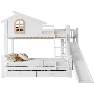 HAUSS SPOLE Etagenbett 90x200cm & 120x200cm mit Leiter, Rutsche und 2 Schubladen, Weiß (Kinderbett Hochbett mit Spielbereich und Stauraum, ohne Matratze), Untere Liegefläche 120 × 200 cm für Erwachsene oder Jugendliche